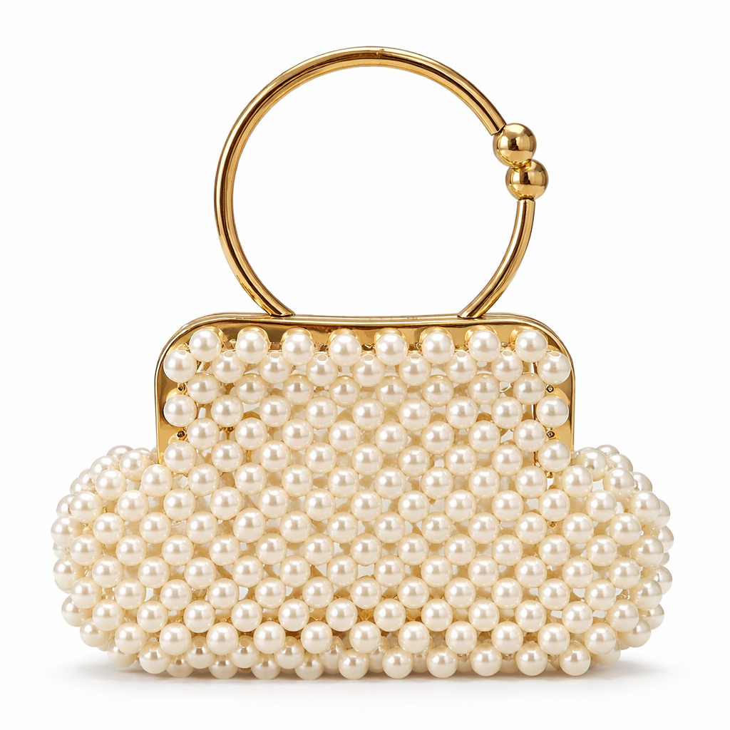 Pearl Beaded Bag with Gold Handle – Handmade Elegant Purse (White & Black)