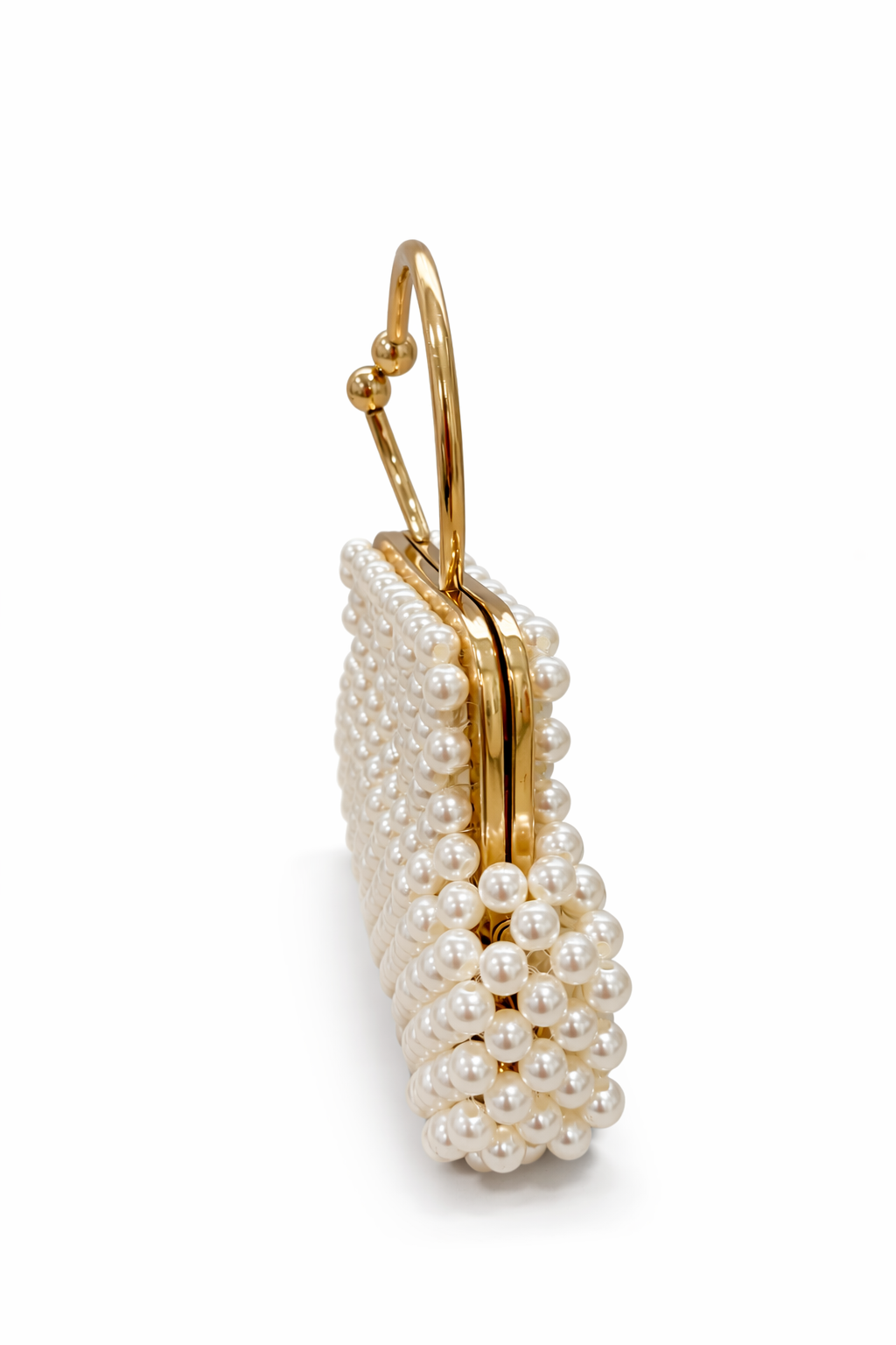 Pearl Beaded Bag with Gold Handle – Handmade Elegant Purse (White & Black)