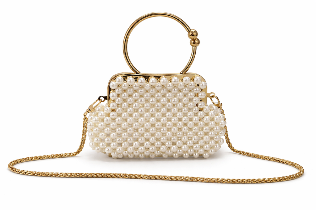 Pearl Beaded Bag with Gold Handle – Handmade Elegant Purse (White & Black)