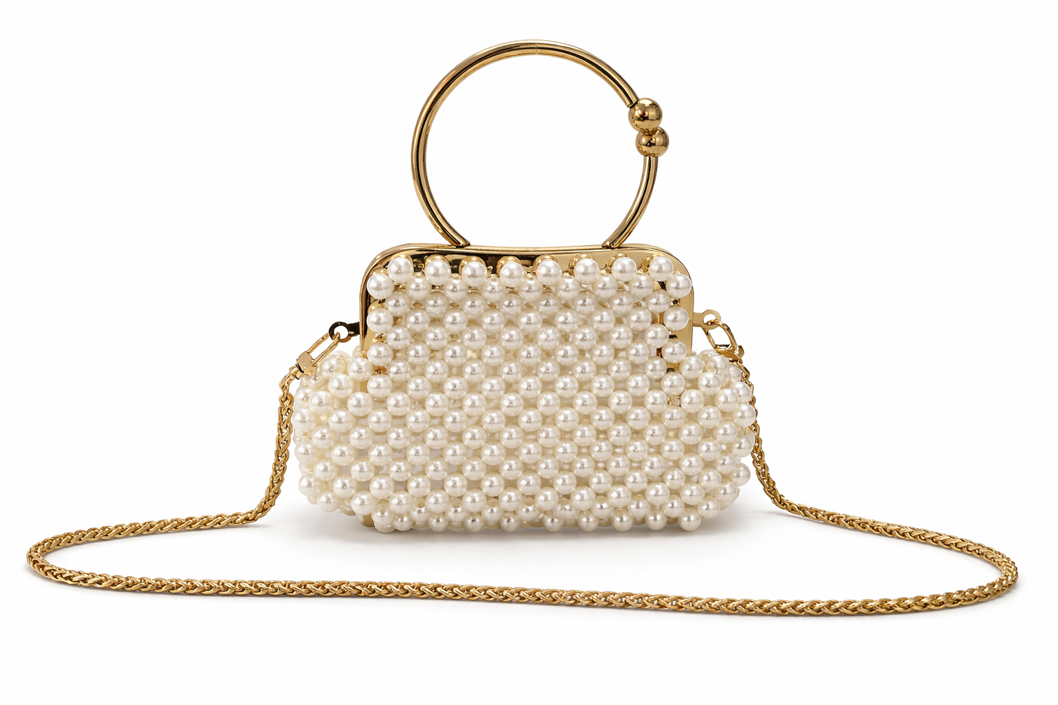 Pearl Beaded Bag with Gold Handle – Handmade Elegant Purse (White & Black)