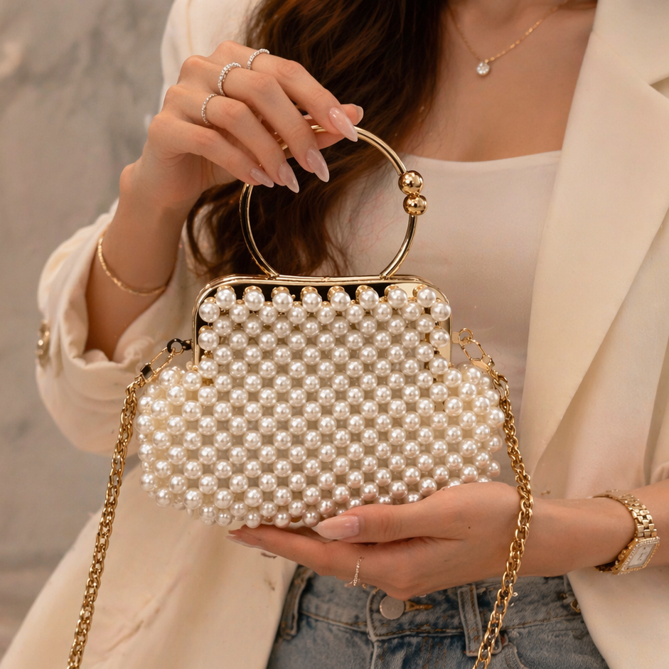 Pearl Beaded Bag with Gold Handle – Handmade Elegant Purse (White & Black)