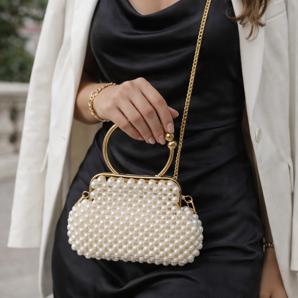 Pearl Beaded Bag with Gold Handle – Handmade Elegant Purse (White & Black)