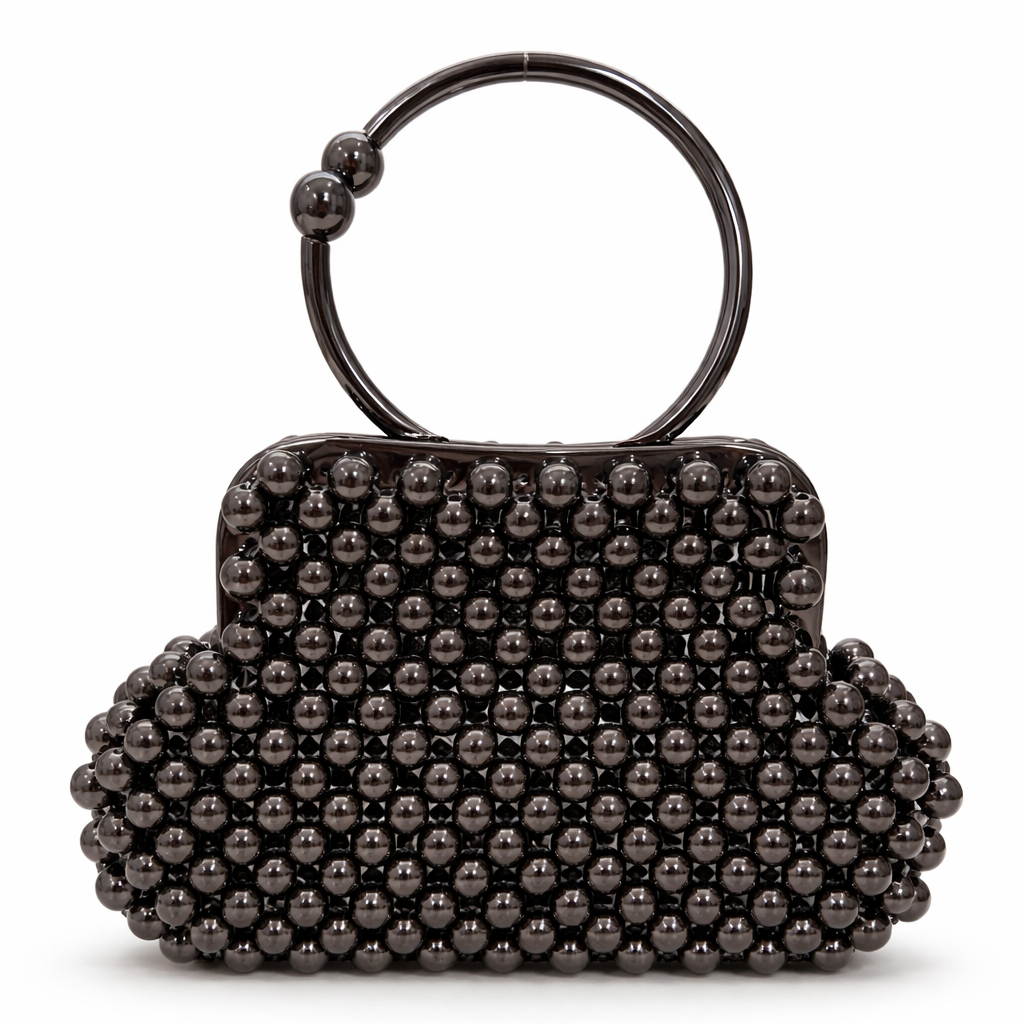 Pearl Beaded Bag with Gold Handle – Handmade Elegant Purse (White & Black)