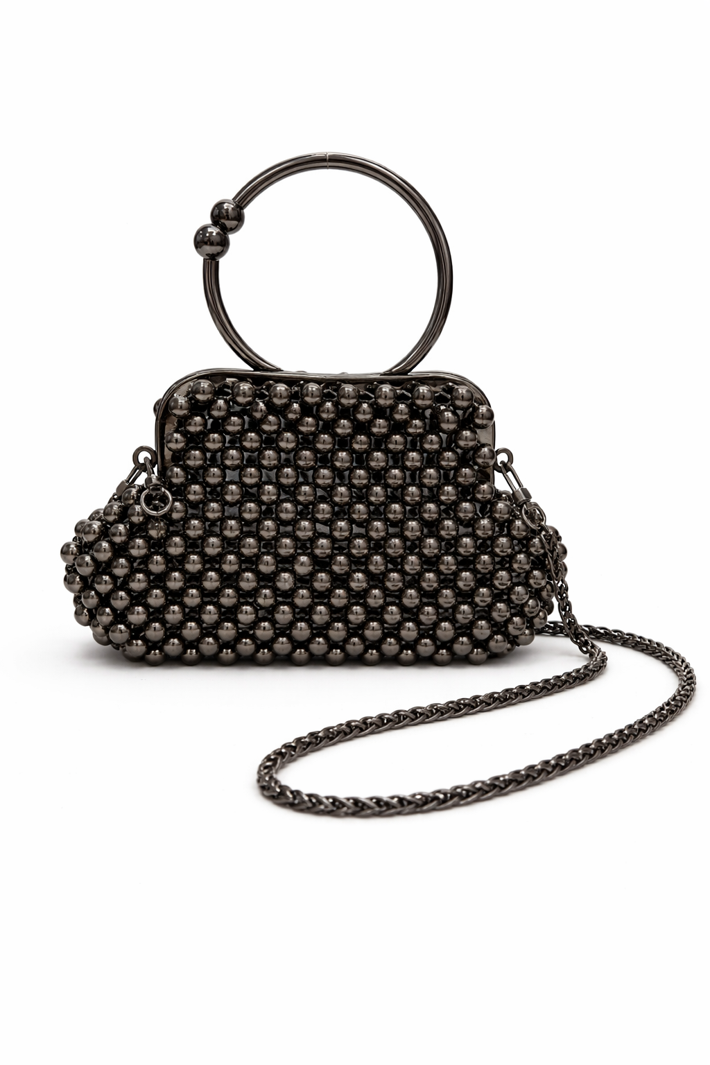 Pearl Beaded Bag with Gold Handle – Handmade Elegant Purse (White & Black)