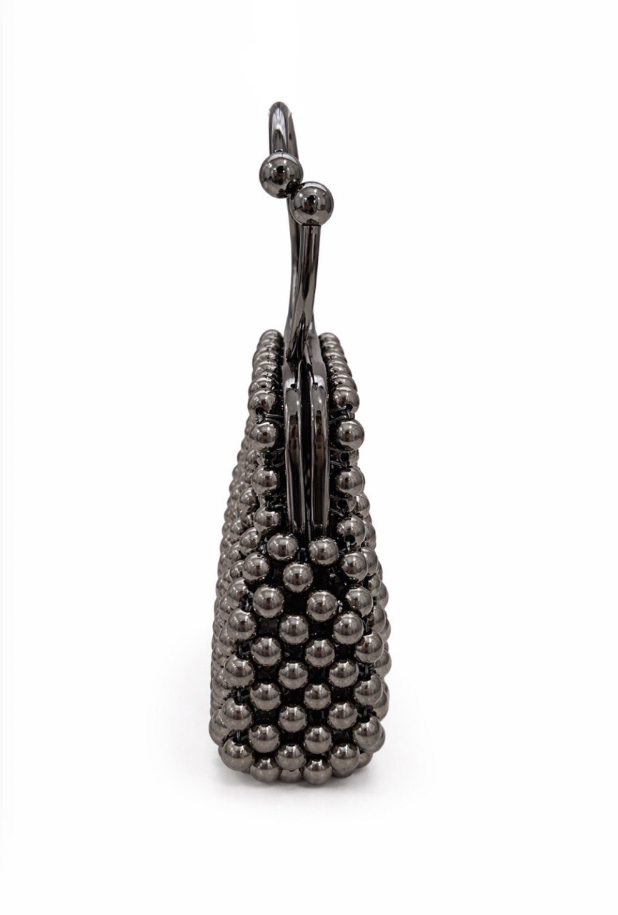 Pearl Beaded Bag with Gold Handle – Handmade Elegant Purse (White & Black)